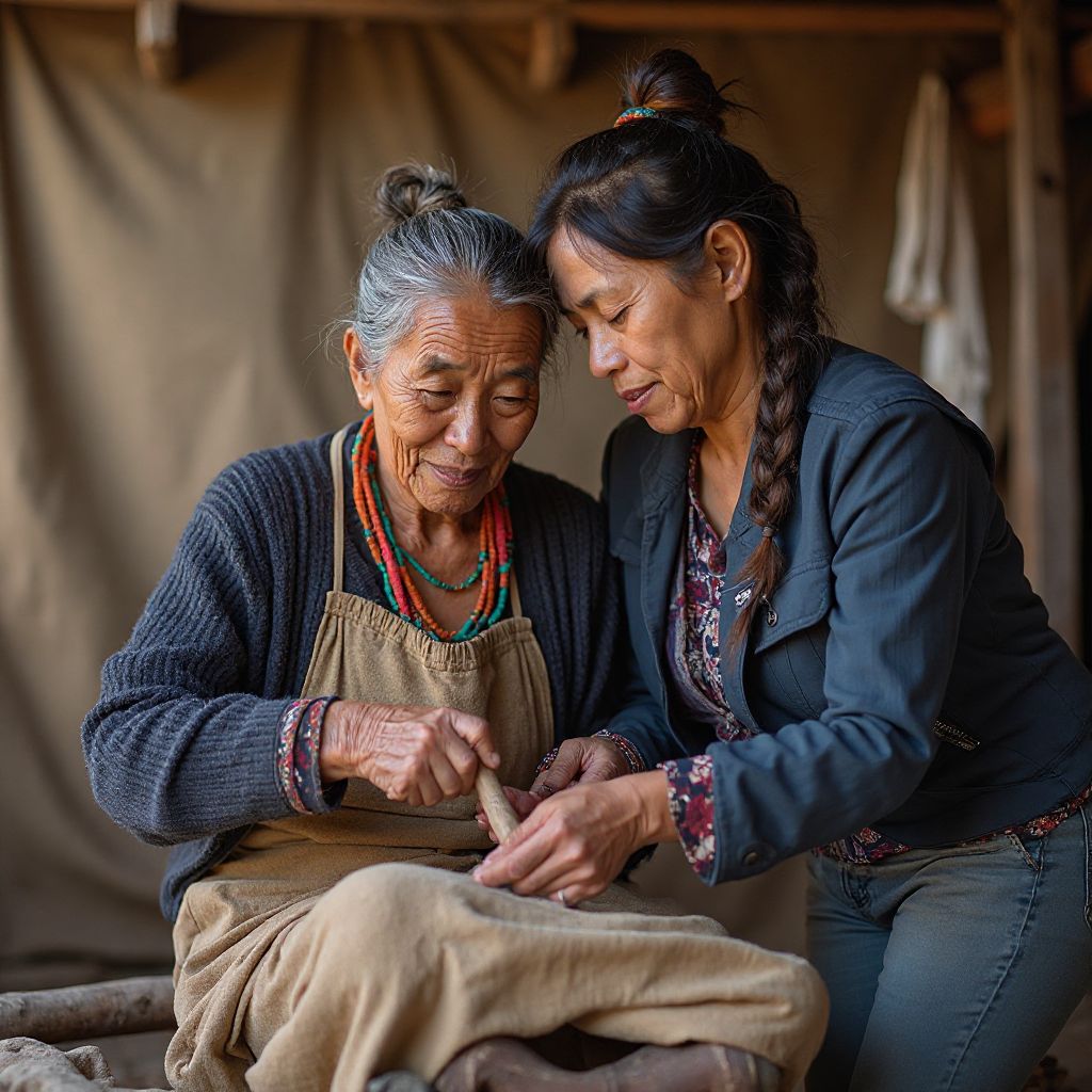 Local elder teaching traditional craft to attentive travelers in community workshop